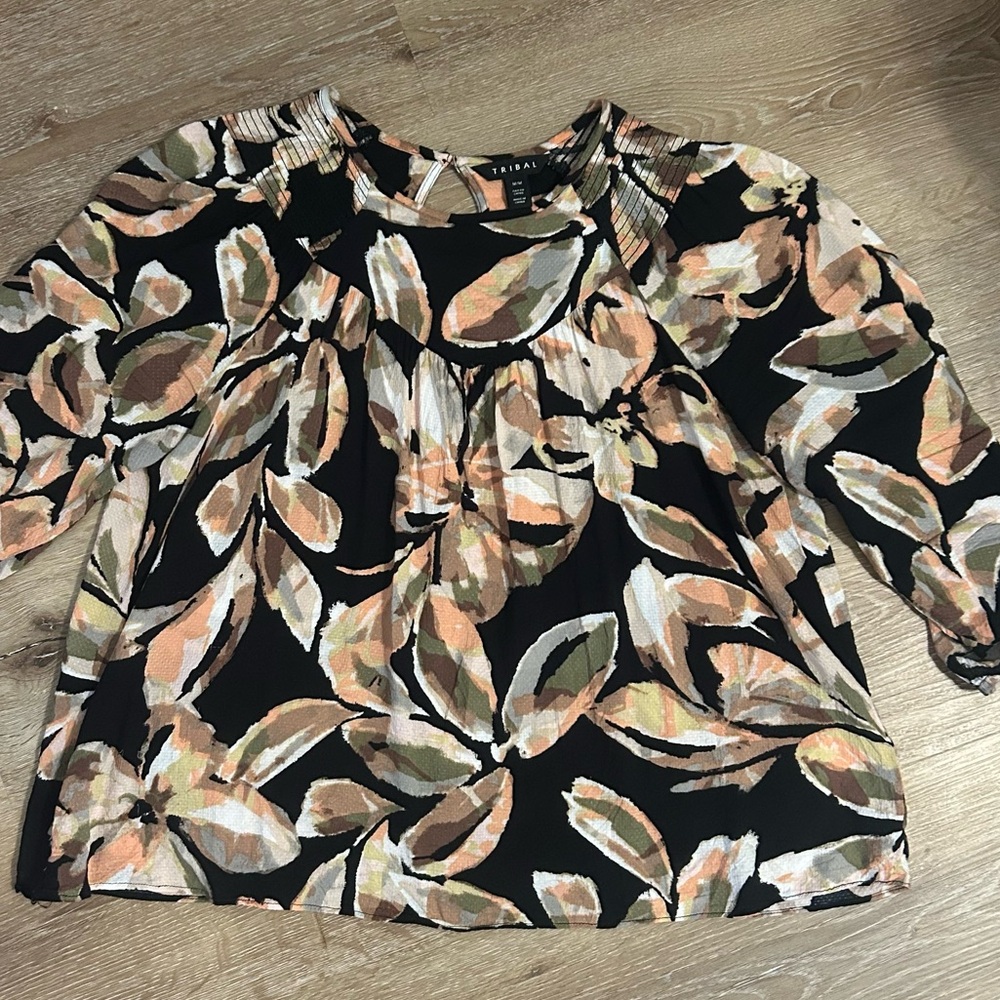 Tribal Floral Print Blouse with Smocking Detail and Gathered Yoke